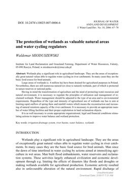 The Protection of Wetlands As Valuable Natural Areas and Water Cycling Regulators