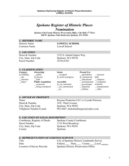 Spokane Register of Historic Places Nomination Spokane City/County Historic Preservation Office, City Hall, 3Rd Floor 808 W