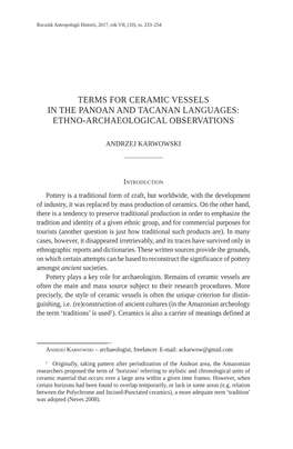Terms for Ceramic Vessels in the Panoan and Tacanan Languages : Ethno­Archaeological Observations
