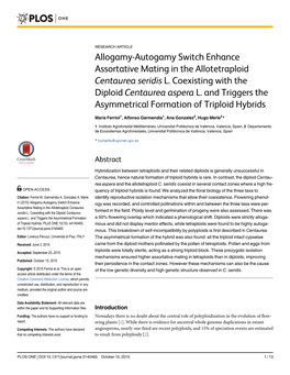 Allogamy-Autogamy Switch Enhance Assortative Mating in the Allotetraploid Centaurea Seridis L. Coexisting with the Diploid Centaurea Aspera L