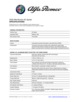 2020 Alfa Romeo 4C Spider SPECIFICATIONS