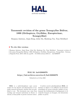 Orthoptera, Gryllidae, Eneopterinae, Xenogryllini) Ranjana Jaiswara, Jiajia Dong, Libin Ma, Haisheng Yin, Tony Robillard