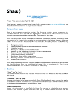 Shaw Communications Inc. Privacy Policy