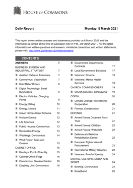 Daily Report Monday, 8 March 2021 CONTENTS