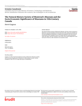 The Natural History Society of Montreal's Museum and the Socio-Economic Significance of Museums in 19Th-Century Canada Hervé Gagnon