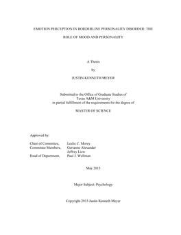 Emotion Perception in Borderline Personality Disorder: The