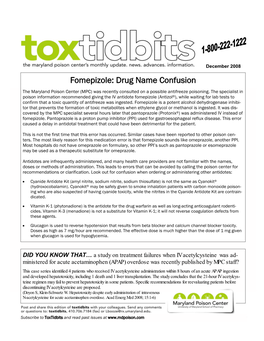 December 2008 Fomepizole: Drug Name Confusion