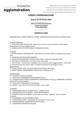 CONSEIL COMMUNAUTAIRE ______Séance Du 25 Février 2020 ______Salle Du Conseil Communautaire 81 Place De La Mairie 74550 PERRIGNIER ______