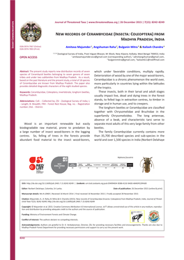 New Records of Cerambycidae (Insecta: Coleoptera) from Madhya Pradesh, India