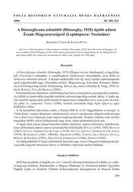 A Dioszeghyana Schmidtii (Diószeghy, 1935) Újabb Adatai Észak-Magyarországról (Lepidoptera: Noctuidae)