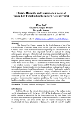 Floristic Diversity and Conservation Value of Tanoe-Ehy Forest in South-Eastern (Cote D’Ivoire)