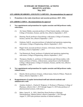 SUMMARY of PERSONNEL ACTIONS REGENTS AGENDA May 2015