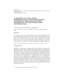 A Diversity of Songs Among Morphologically Indistinguishable Katydids of the Genus Mecopoda (Orthoptera: Tettigoniidae) from Southern India