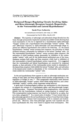 And Beta-Adrenergic Receptors Located, Respectively, in the Ventromedial and Lateral Hypothalamus* Sarah Fryer Leibowitz