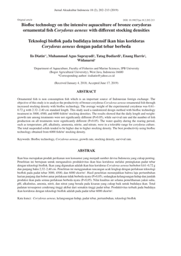 Biofloc Technology on the Intensive Aquaculture of Bronze Corydoras Ornamental Fishcorydoras Aeneus with Different Stocking Densities