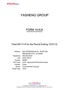 Yasheng Group Form 10-K/A