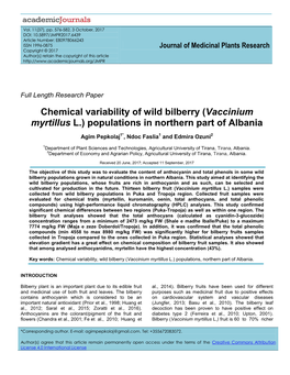 Vaccinium Myrtillus L.) Populations in Northern Part of Albania