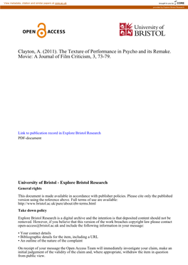 The Texture of Performance in Psycho and Its Remake. Movie: a Journal of Film Criticism, 3, 73-79