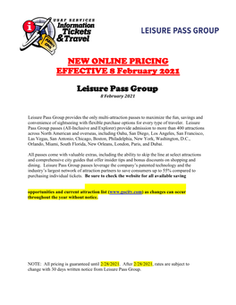 NEW ONLINE PRICING EFFECTIVE 8 February 2021 Leisure Pass Group