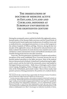 The Dissertations of Doctors of Medicine Active in Estland, Livland and Courland, Defended at European Universities in the Eighteenth Century