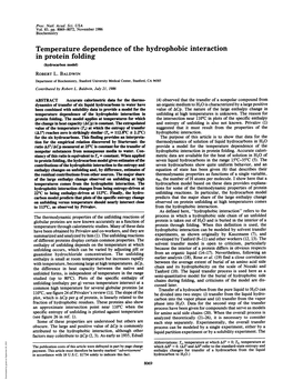 Temperature Dependence of the Hydrophobic Interaction in Protein Folding (Hydrocarbon Model) ROBERT L