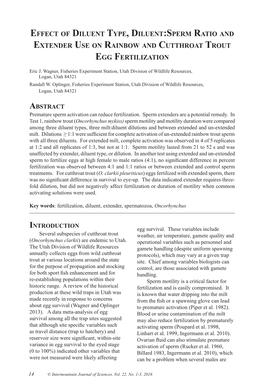 Effect of Diluent Type, Diluent:Sperm Ratio and Extender Use on Rainbow and Cutthroat Trout Egg Fertilization