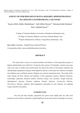 Survey of Fish Diseases in Ranya (Raparin Administration)/ Sulaimaniya Governorate; Case Study