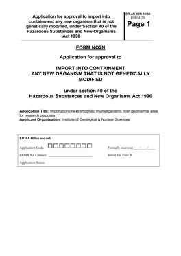 Application for Approval to Import Into Containment Any New Organism That