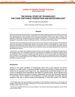 The Social Study of Technology: * the Case for Public Perception and Biotechnology