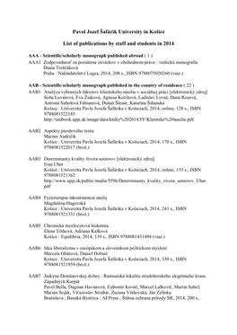 Pavol Jozef Šafárik University in Košice List of Publications by Staff