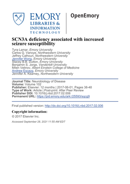 SCN3A Deficiency Associated with Increased Seizure Susceptibility Tyra Lamar, Emory University Carlos G