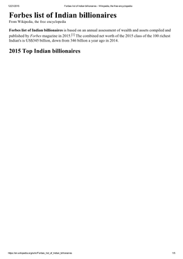 Forbes List of Indian Billionaires ­ Wikipedia, the Free Encyclopedia Forbes List of Indian Billionaires from Wikipedia, the Free Encyclopedia