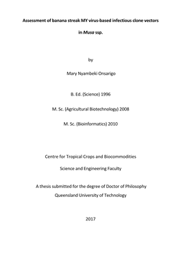 Assessment of Banana Streak MY Virus-Based Infectious Clone Vectors in Musa Ssp. by Mary Nyambeki Onsarigo B. Ed. (Science)