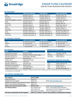 2020 EDGAR Filing Calendar