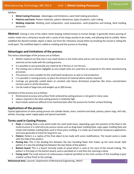 Manufacturing Technology, ME-202-E Unit- 1 (Metal Casting Processes) 1 February 2010