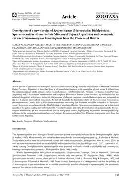 From the Late Miocene of Jujuy (Argentina) and Taxonomic Review of Sparassocynus Heterotopicus from the Pliocene of Bolivia