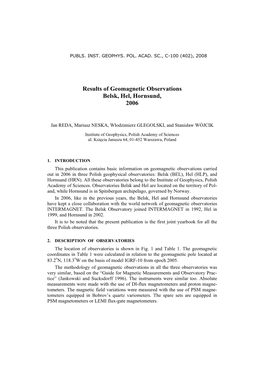 Results of Geomagnetic Observations Belsk, Hel, Hornsund, 2006