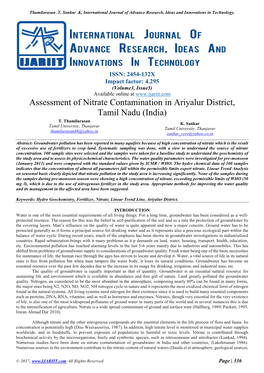Assessment of Nitrate Contamination in Ariyalur District, Tamil Nadu (India) T