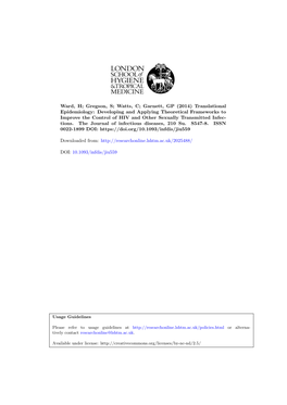 Translational Epidemiology: Developing and Applying Theoretical Frameworks to Improve the Control of HIV and Other Sexually Transmitted Infec- Tions