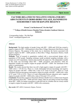 Factors Related to Negative Stigma for Hiv/ Aids Patients in Boro-Boro Village, Ranomeeto Sub-District South Konawe Regency
