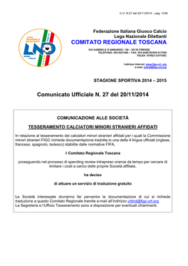 Comunicato Ufficiale N. 27 Del 20/11/2014