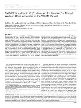CYP4F2 Is a Vitamin K1 Oxidase: an Explanation for Altered Warfarin Dose in Carriers of the V433M Variant