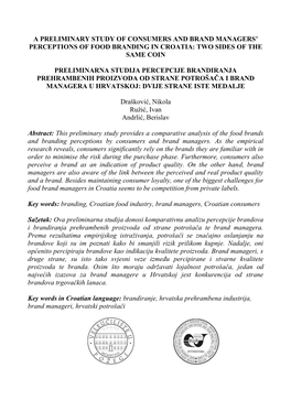 A Preliminary Study of Consumers and Brand Managers’ Perceptions of Food Branding in Croatia: Two Sides of the Same Coin
