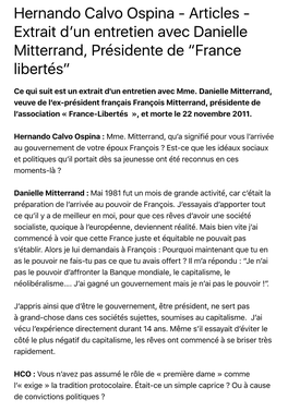Hernando Calvo Ospina - Articles - Extrait Dʼun Entretien Avec Danielle Mitterrand, Présidente De “France Libertés”
