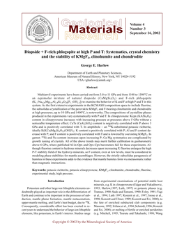 Diopside + F-Rich Phlogopite at High P and T: Systematics, Crystal Chemistry and the Stability of Kmgf3, Clinohumite and Chondrodite