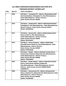 THRISSUR DISTRICT VOTERS LIST Sl No Mem ID Name and Address