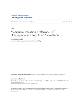 Manipur in Transition: Differentials of Development in a Polyethnic Area of India