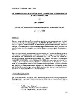 Mitt.Österr.Miner.Ges. 1 39 ( 1 994) DIE QUARZSANDE IM MITTLEREN BURGENLAND UND IHRE VERWERTBARKEIT ALS MASSENROHSTOFF Von Hans