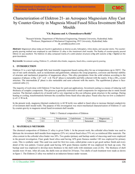 Characterization of Elektron 21- an Aerospace Magnesium Alloy Cast by Counter-Gravity in Magnesia Mixed Fused Silica Investment Shell Moulds