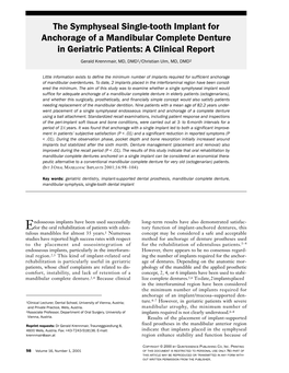 The Symphyseal Single-Tooth Implant for Anchorage of a Mandibular Complete Denture in Geriatric Patients: a Clinical Report